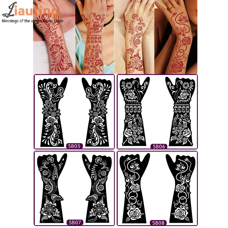 1Pair Black Hand Transfer Temporary Tattoo Stickers Hand Henna Tattoo Template For Women Body Painting Flowers Tattoo Stencil