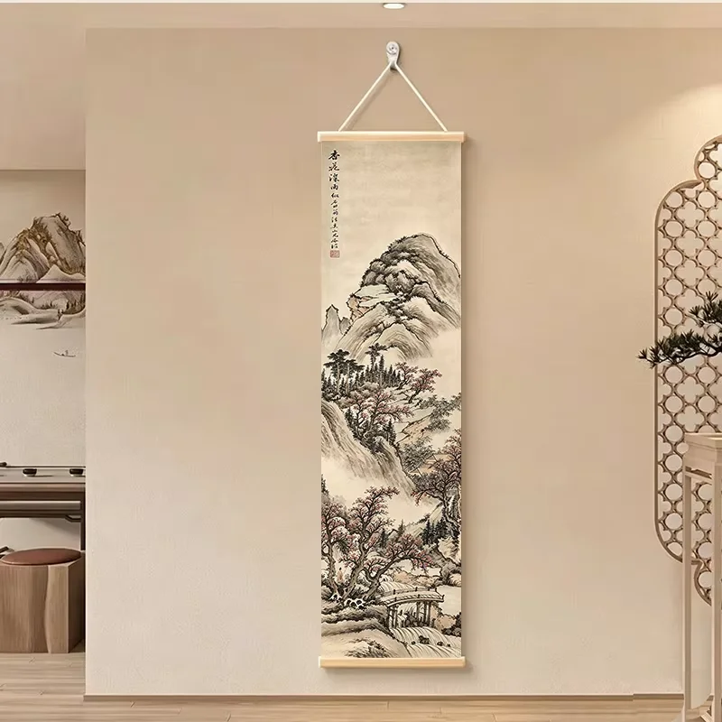 Wabi Sabi Abstract Wall Art, Wood Frame Oriental Ink Painting for Entryway Zen Decor, Japanese Minimalist Scroll Hanging Poster