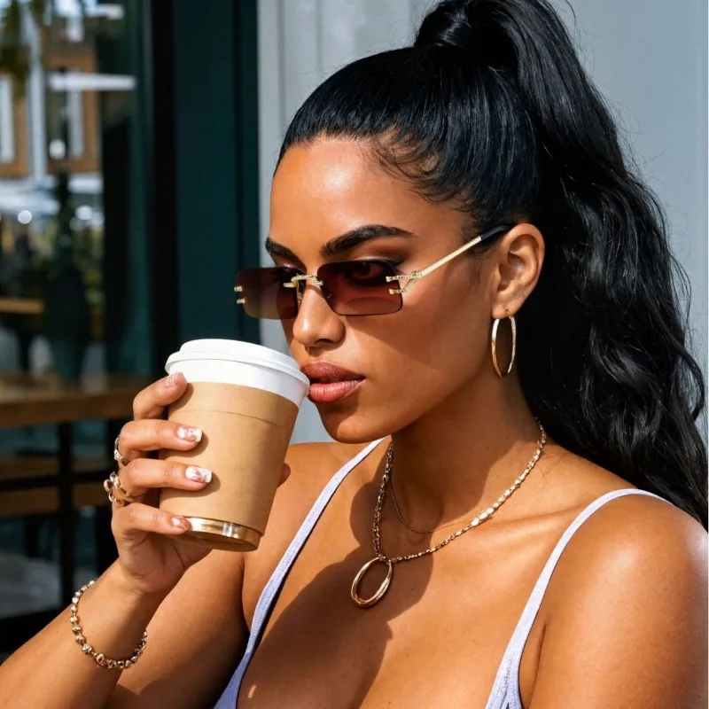 Rimless Cut Edge Rectangle Sunglasses Unisex Eyewear Designer Fashion Vintage Square Shade Y2k Sun Glasses UV Goggles
