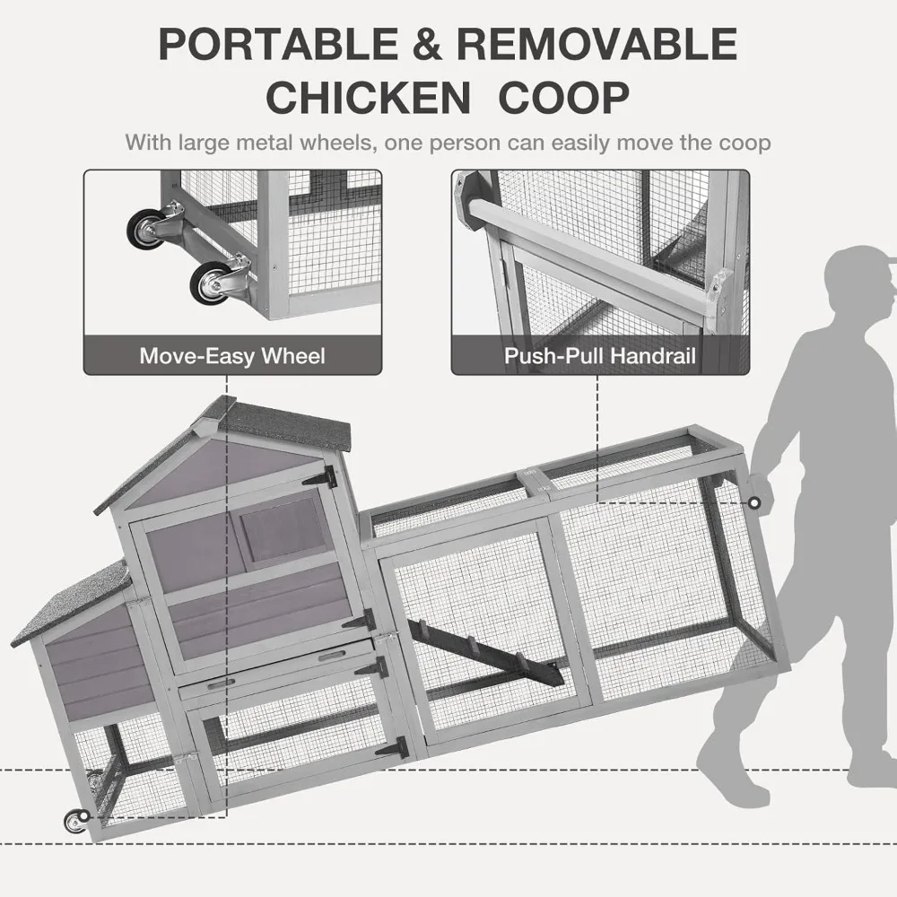 قفص الدواجن الخارجي بعجلات، وصندوق التعشيش، وصينية مانعة للتسرب، وسقف مقاوم للماء - رمادي #2
