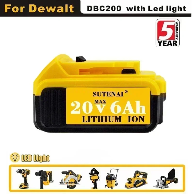 2023 อัพเกรด DCB200 20V 6000mAh แบตเตอรี่,สําหรับ Dewalt 18V DCB184 DCB200 DCB182 DCB180 DCB181 DCB182 DCB201 เครื่องมือแบตเตอรี่