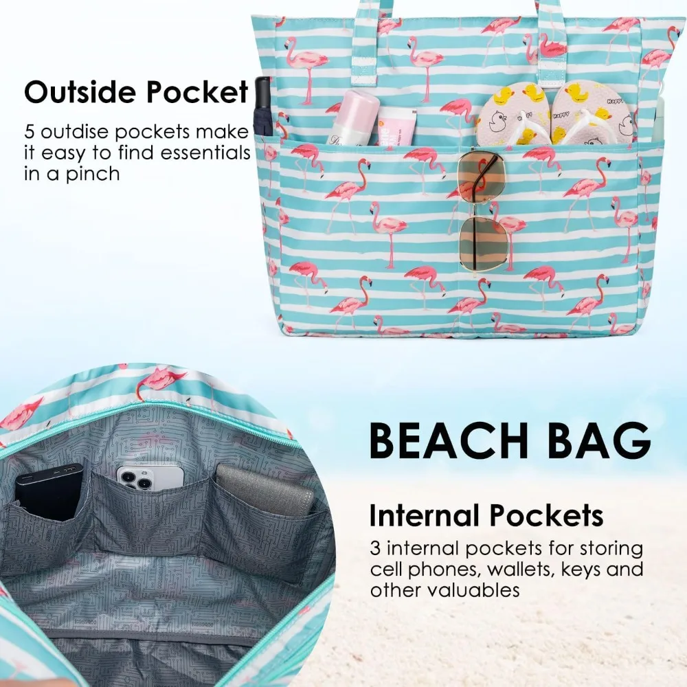 Beach Bags For Women Waterproof Sandproof Women Tote Bag, Large Beach Bag with Zipper For Gym Travel Vocation view 2