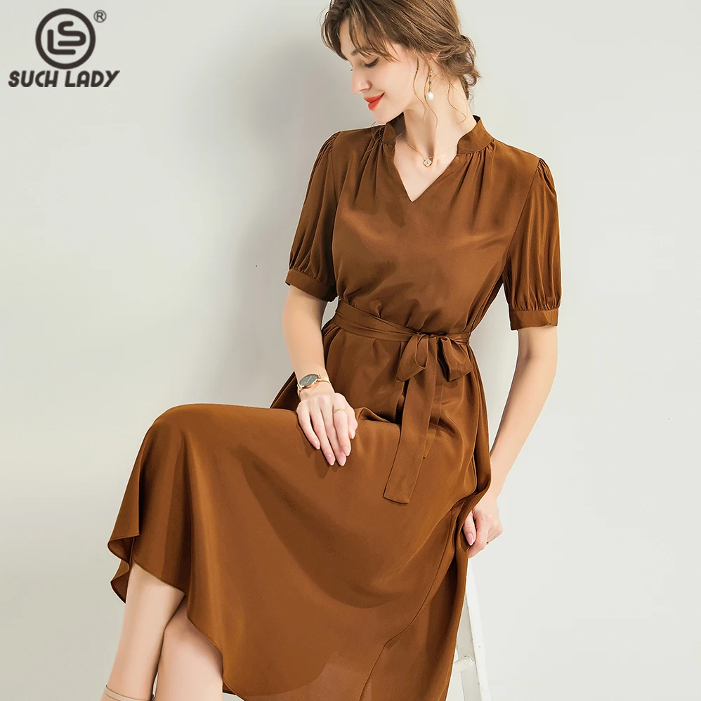

100% Natural Silk Dress Women's V Neck Short Sleeves Lace Up Belt Elegant Fashion Mid Vestido