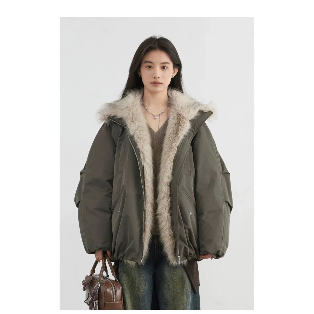 

Solid Pockets Zipper Outwear Winter 2025 American Retro Faux Fur Jacket Women Casual Vintage Longe Sleeve Punk Coats Streetwear
