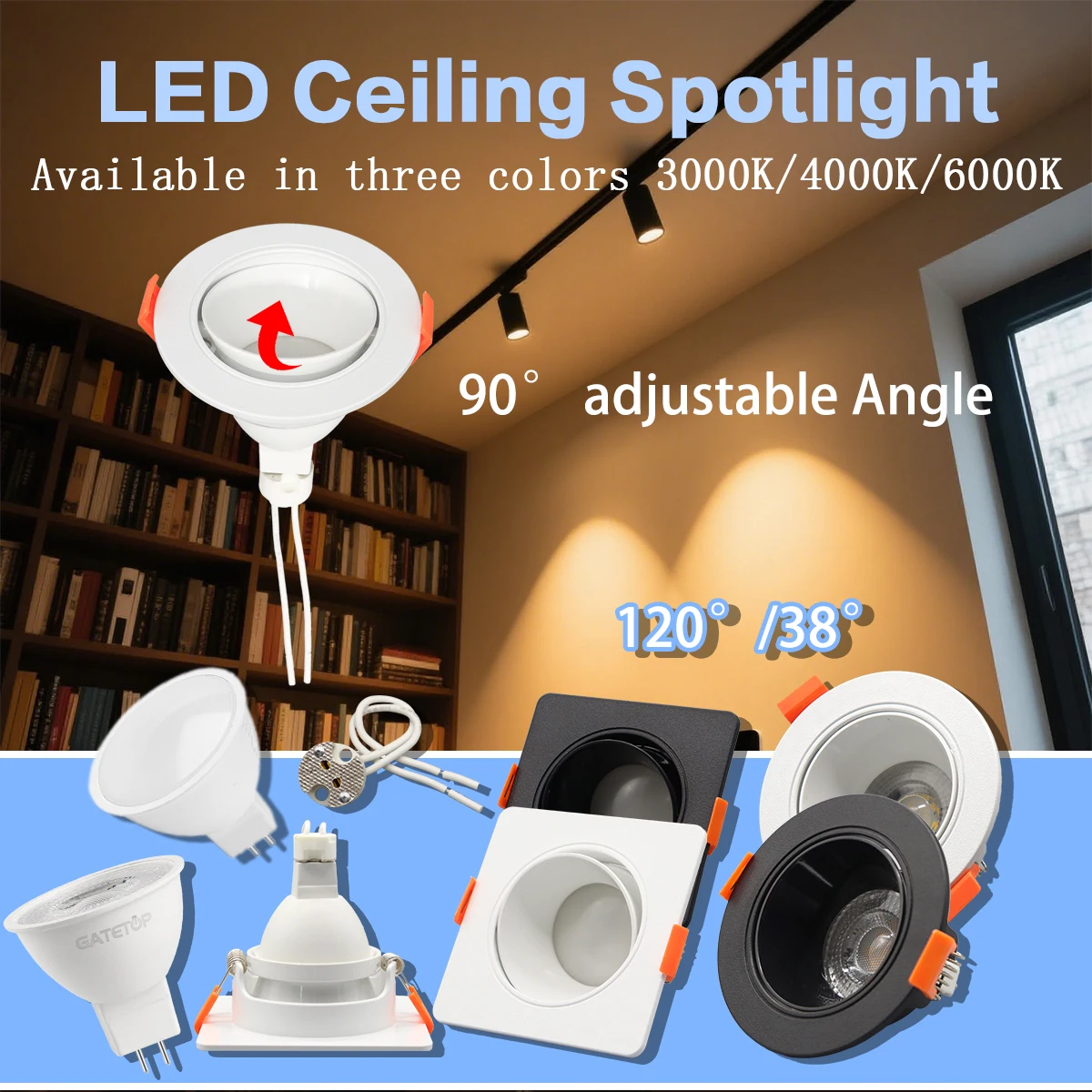 10PCS Square Embedded Ceiling Spot Light AC DC 12V 6W Kit Adjustable White Black Round Light Kit Gu5.3 Base Cearmic Lamp Holder