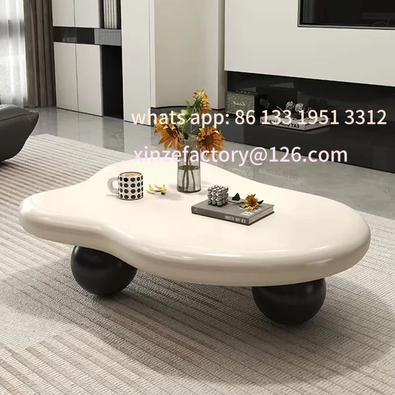 سطح كريمي حديث وبسيط قابل للتخصيص، طاولات قهوة سوداء مستديرة القدم، شقة صغيرة، طاولة غرفة معيشة غير منتظمة الشكل #3