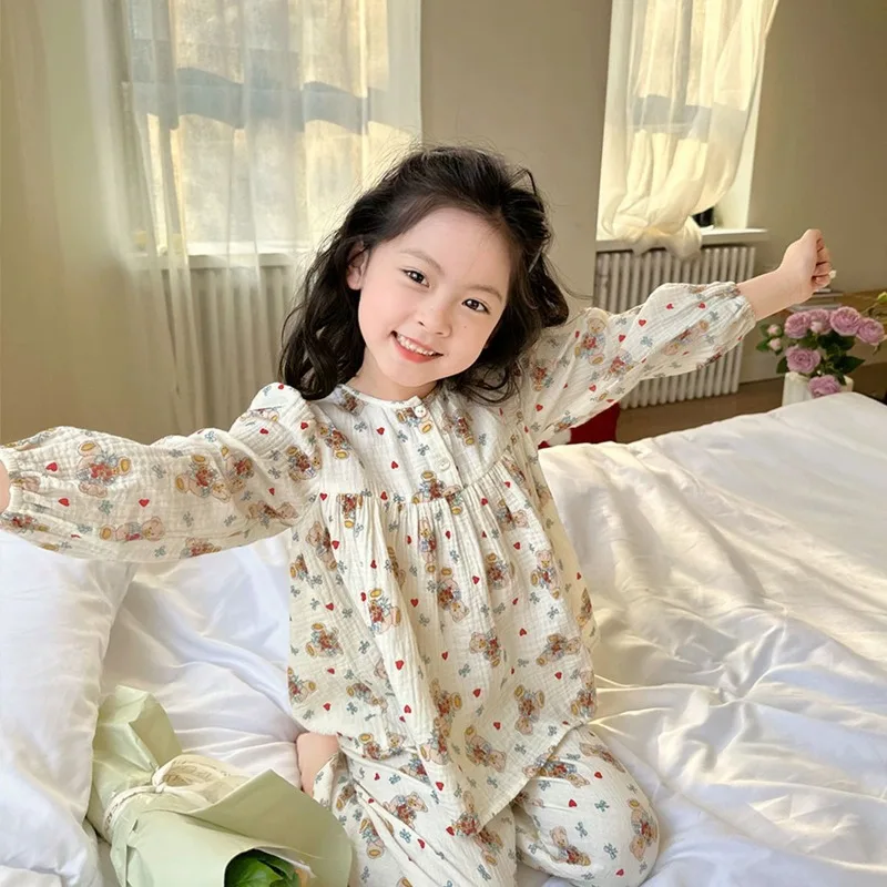 Lightweight Girls' Air Conditioned Pajamas Convertible Long Sleeve Pants Set Spring Fall Home Wear