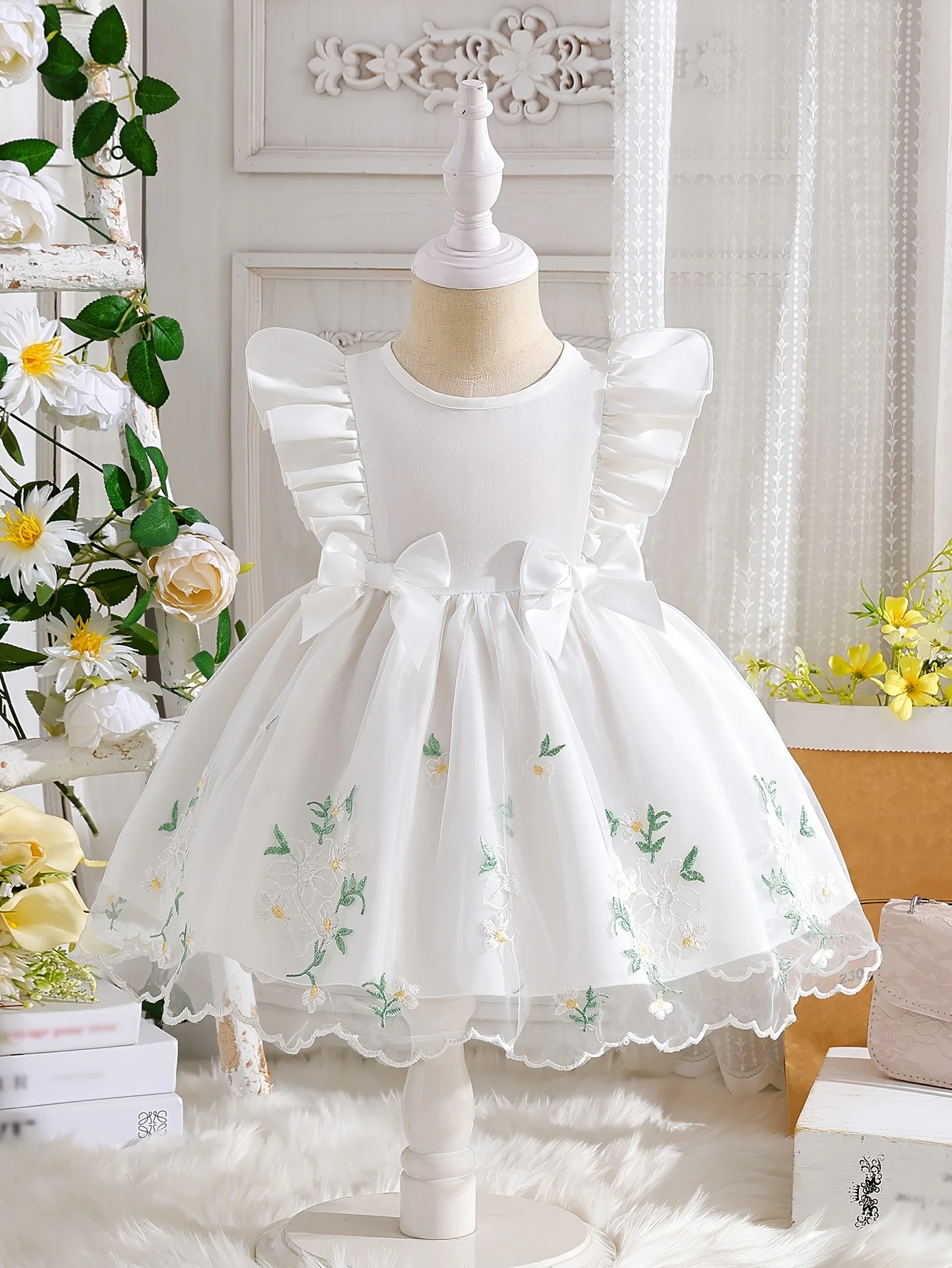 

Baby Girl White Tulle Dress: Ruffle Sleeves, Bow & Floral Embroidery | Ramadan Special Outfit, Ideal Baby Girl Birthday Gift