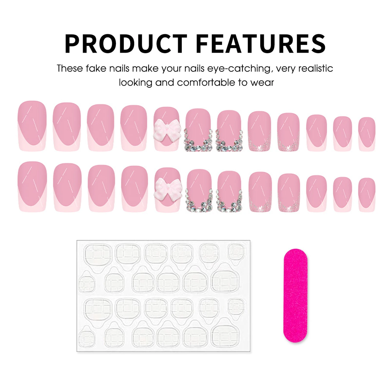 Faux ongles roses pour filles douces, 24 pièces, courts, à pression, pointe française, à coller, décor avec nœud papillon en strass