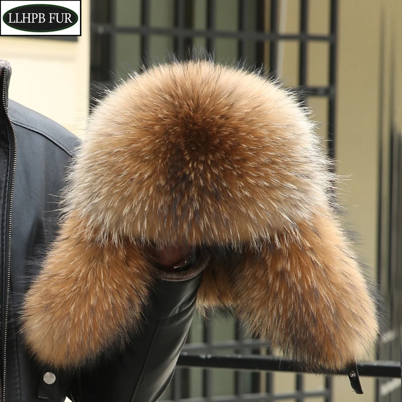 New Winter Men's 100% Real Silver Fox Fur Bomber Hat Raccoon Fur Ushanka Cap Trapper Russian Man Ski Hats Caps Real Leather