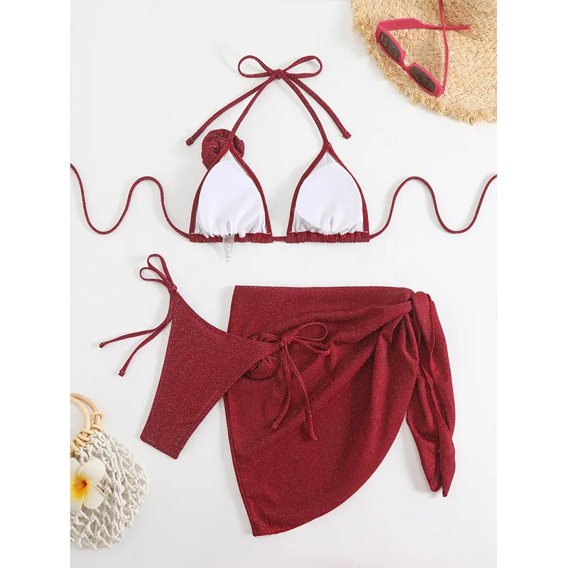 New 3 Pieces Set Swimsuit Women String Swimwear Sexy Micro Bikini Set With Sarong Skirts Shining Beach Wear Bathing Suit Claret