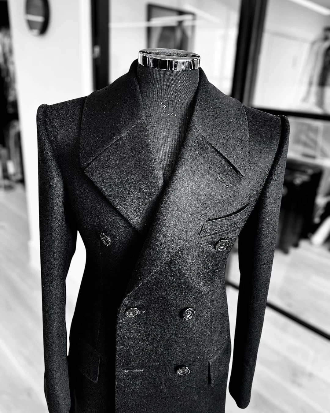 Fashion Woolen Blend Coat Men Black Over Jacket Overcoat Double Breasted Long Plus Size Warm Formal Business Costume Customized