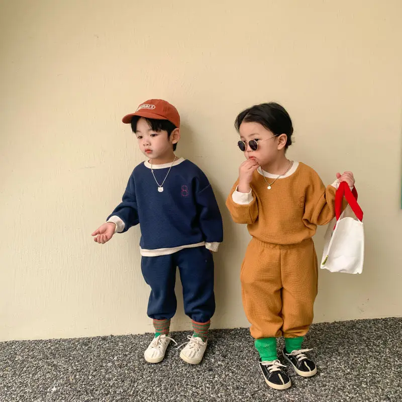 5028 Autumn Baby Clothes Set Kids Clothes Girls Boys 2 Pcs Suit Waffle Kids Sports Sweatshirt Solid Color Casual Two Piece Set