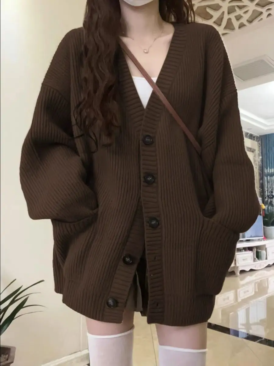 Large Fat MM Retro Coffee Melad Wearing Sweater Coat Women's Autumn/Winter New Lazy Style Cardigan