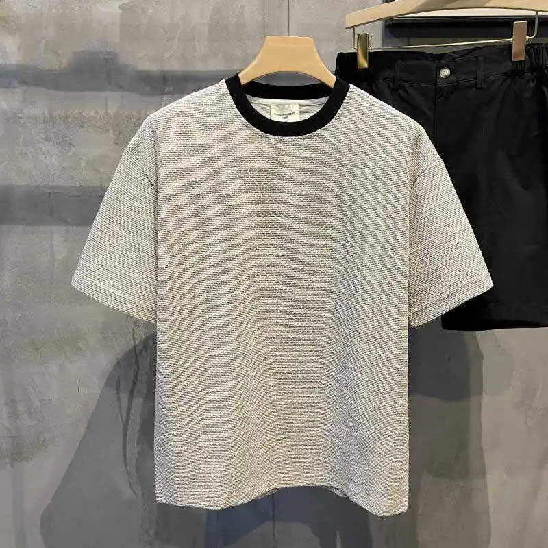 Xiaoxiangfeng Contrasting Color Retro Round Neck Short-sleeved Shirt for Men Handsome British Casual Loose Shoulder T-shirt Top