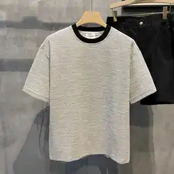 Xiaoxiangfeng Contrasting Color Retro Round Neck Short-sleeved Shirt for Men Handsome British Casual Loose Shoulder T-shirt Top