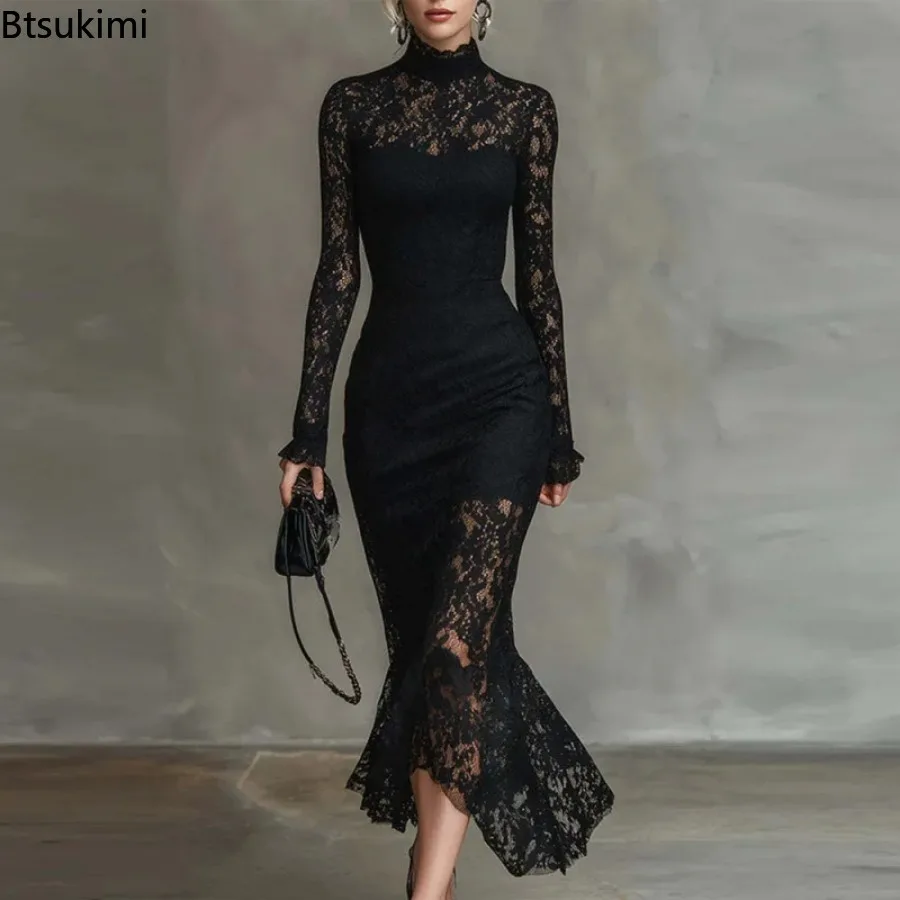 2026 Frühling Damen Luxus Elegante Langarm-Abendkleider Hochgeschnittenes Schlankes Maxikleid Sexy Spitzenbesetztes Figurbetontes Kleid
