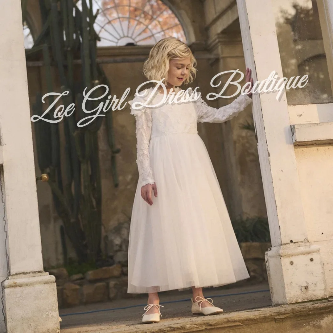 White Round‑Neck 3D Floral Lace Flower Girl Dress Long Sleeves Tulle Ankle‑Length Gown for First Holy Communion Wedding Custom