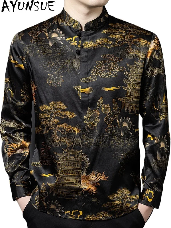 

Мужская рубашка AYUNSUE из 90,8% натурального шелка тутового шелкопряда, модная коллекция Весна-Лето 2026, с длинным рукавом, воротником-стойкой и принтом