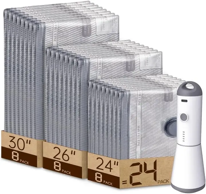 

24 Pack Rechargeable Vacuum Seal Bags for Clothes Travel, Space Saver Luggage Compression