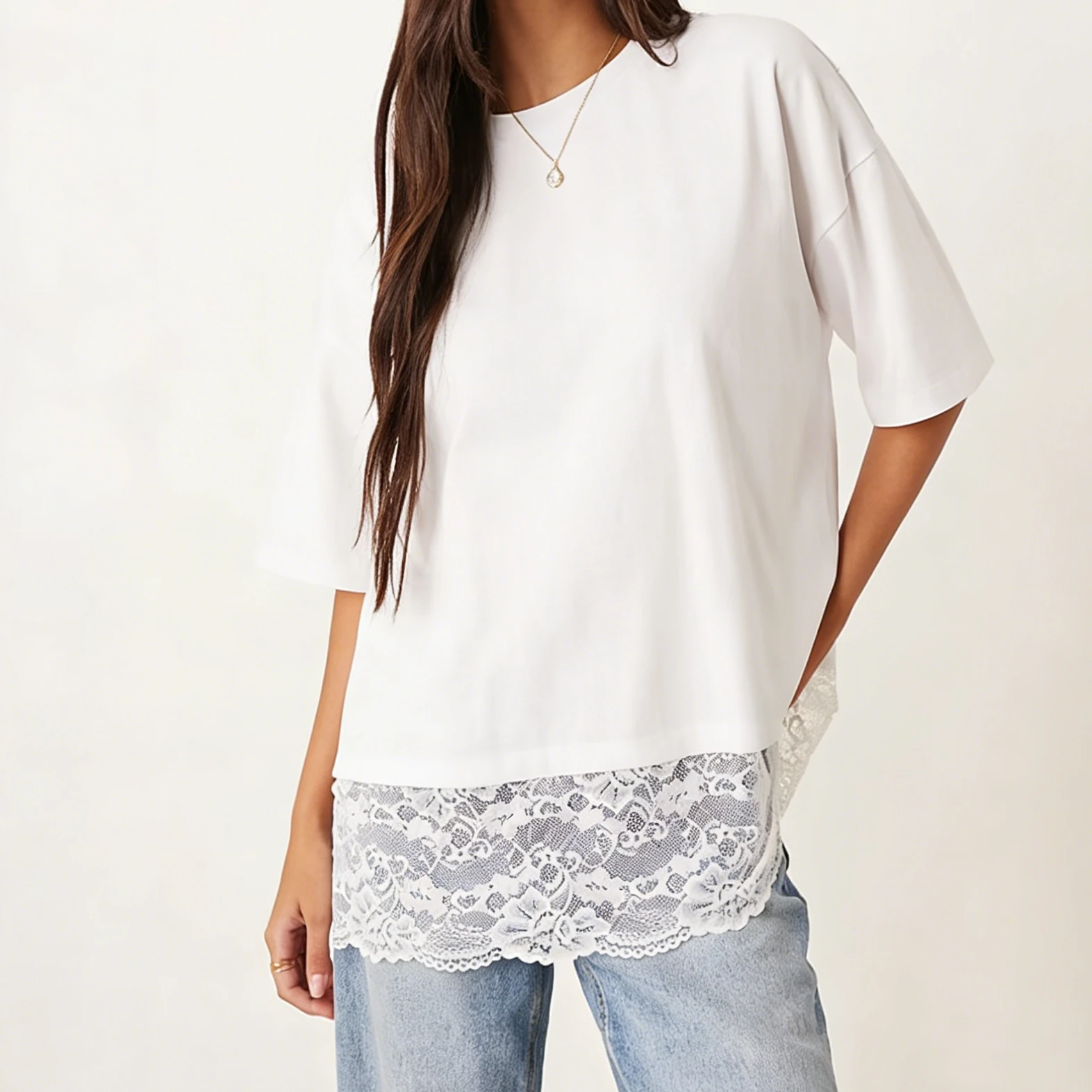 Women's Soild Oversized T-Shirt - Short Sleeve Crew Neck Lace Trim Layered Hem Casual Summer Streetwear Top for Daily Wear