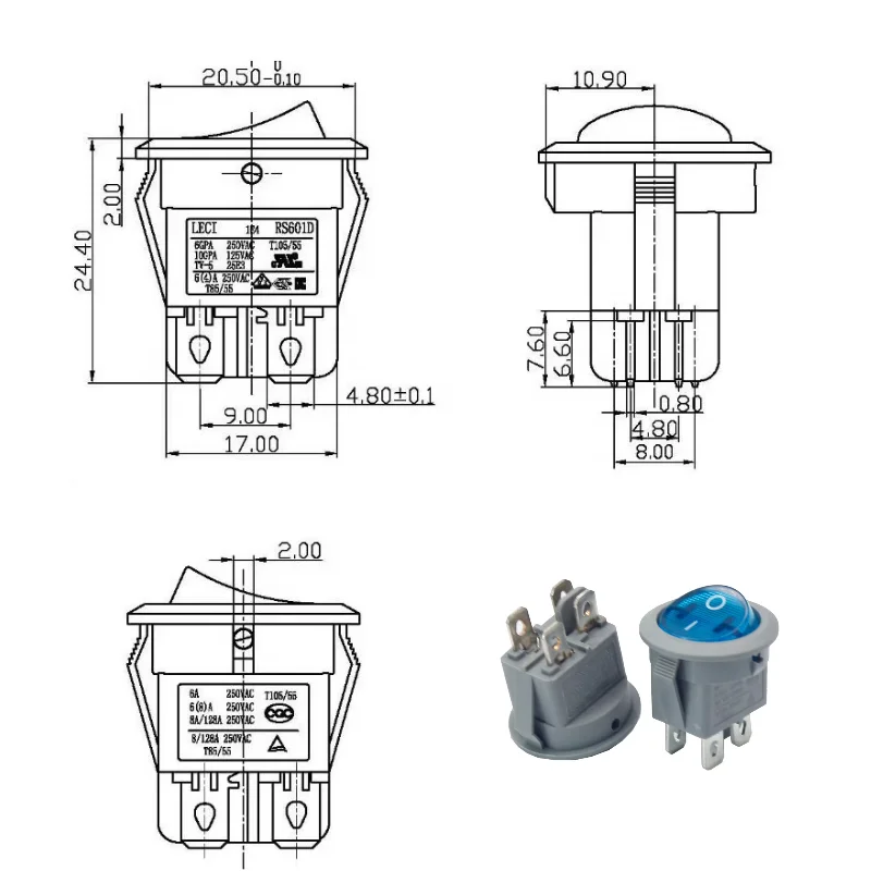 LC-RS601D 6A Blue LED Light 4 Pin ON OFF 23Cm Round Snap In Rocker Switches Hot Selg