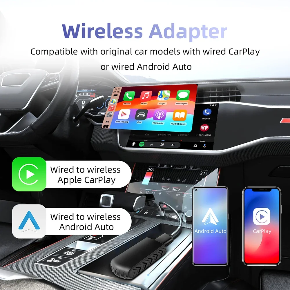 Adaptor nirkabel otomatis Android Carplay, untuk Toyota Mazda Nissan Camry Suzuki Subaru Citroen Audi Mercedes Kia Ford Opel Spotify BT