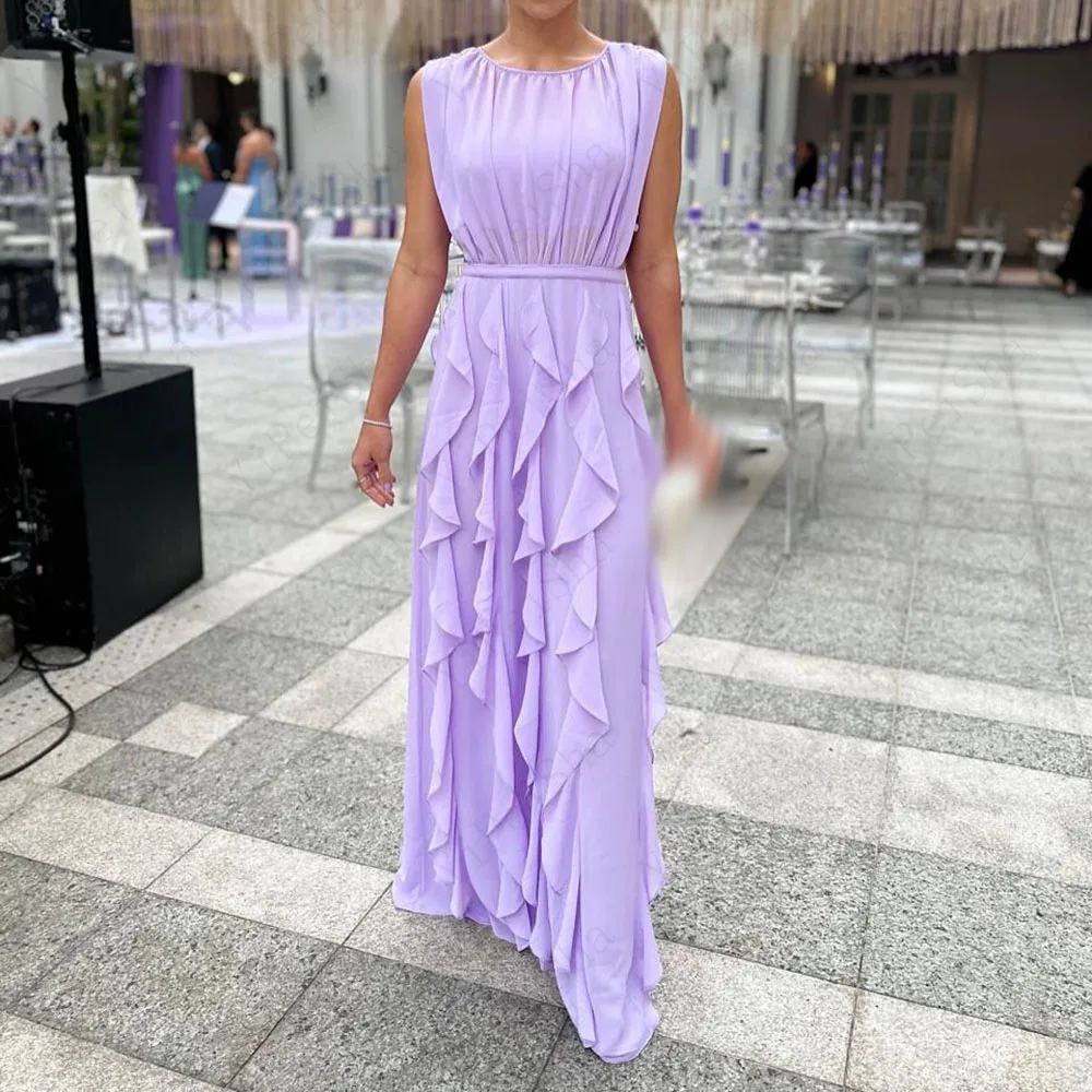 

Customized A-Line Prom Dresses Floor-Length O-Neck Sleeveless Evening Gown Simple Fashion Ruched Draped Casual Party Gown