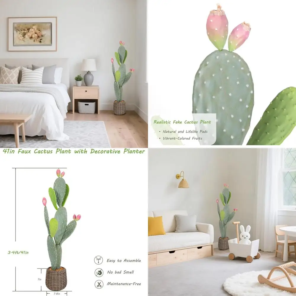 

41 UV-Resistant Tall Faux Cactus with Realistic Pads and Vibrant Fruits, Brown Woven Planter, Artificial Plant for Indoor and Ou