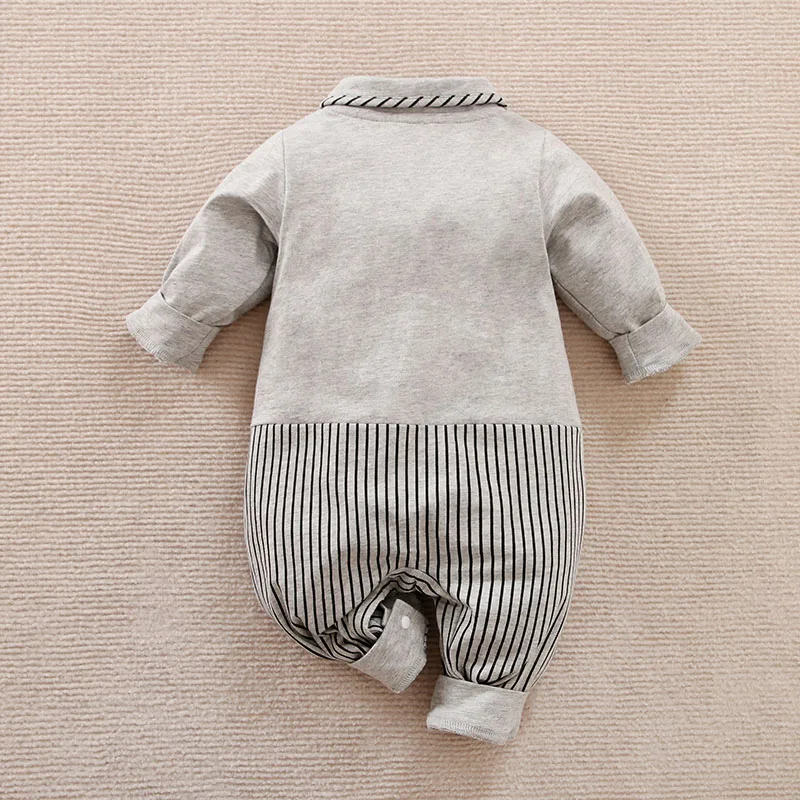 Newborn Boy Baby Jumpsuit Casual And Comfortable Vertical Bow Splicing Gray Spring And Autumn Cotton Long Sleeved Baby Jumpsuit