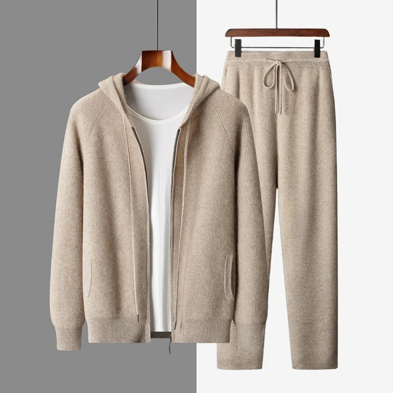 

Men 100% Cashmere Knitting Set Hoodie Cardigan Thick Pencil Pants Set Autumn Winter Smart Casual Cashmere Sweater Trousers Suit