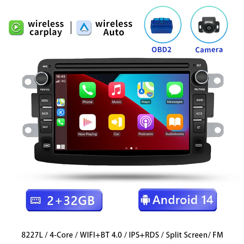 7" 1 Din Draadloze Carplay Android 14 autoradio voor Dacia Duster Logan Sandero Renault Captur Symbol Dokker 2011-2017 Android Auto autoradio multimediaspeler WiFi scherm