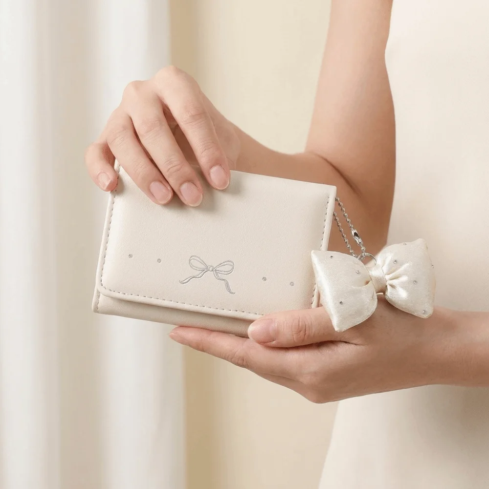 Sweet Pendant Bow Wallet Korean Style Solid Color Short Wallet Foldable Multi-functional Mini Card Holder Daily
