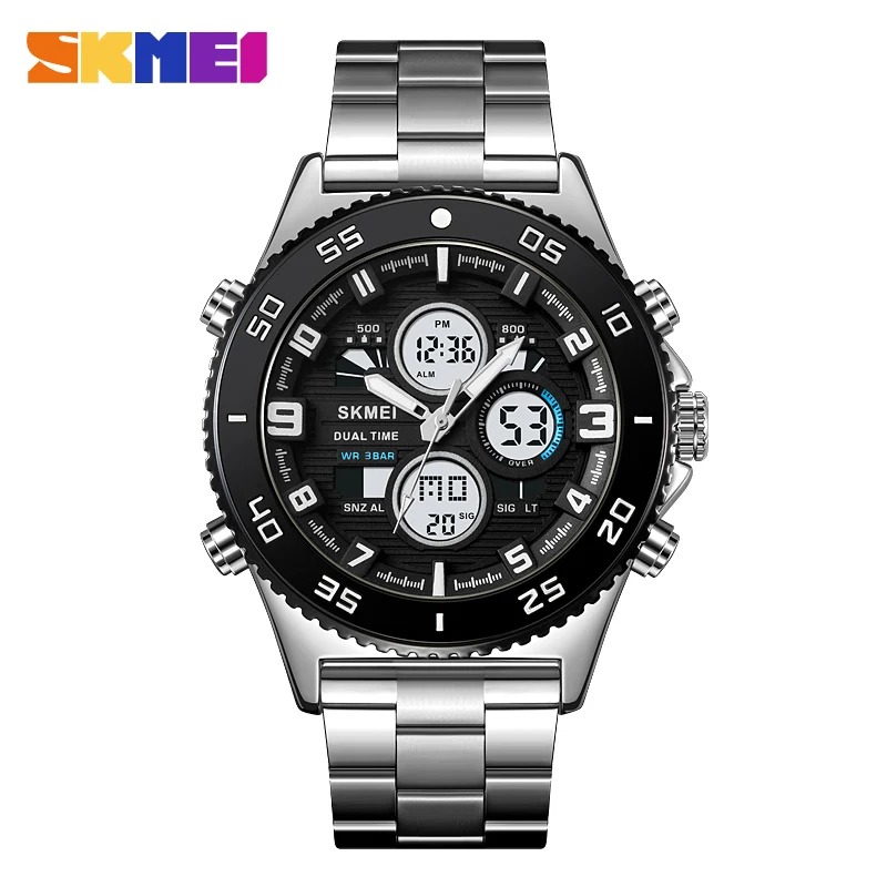 SKMEI Casual Stainless Steel Watches Movement Sport Digital Watch 5Bar Waterproof Dual Display Wristwatch