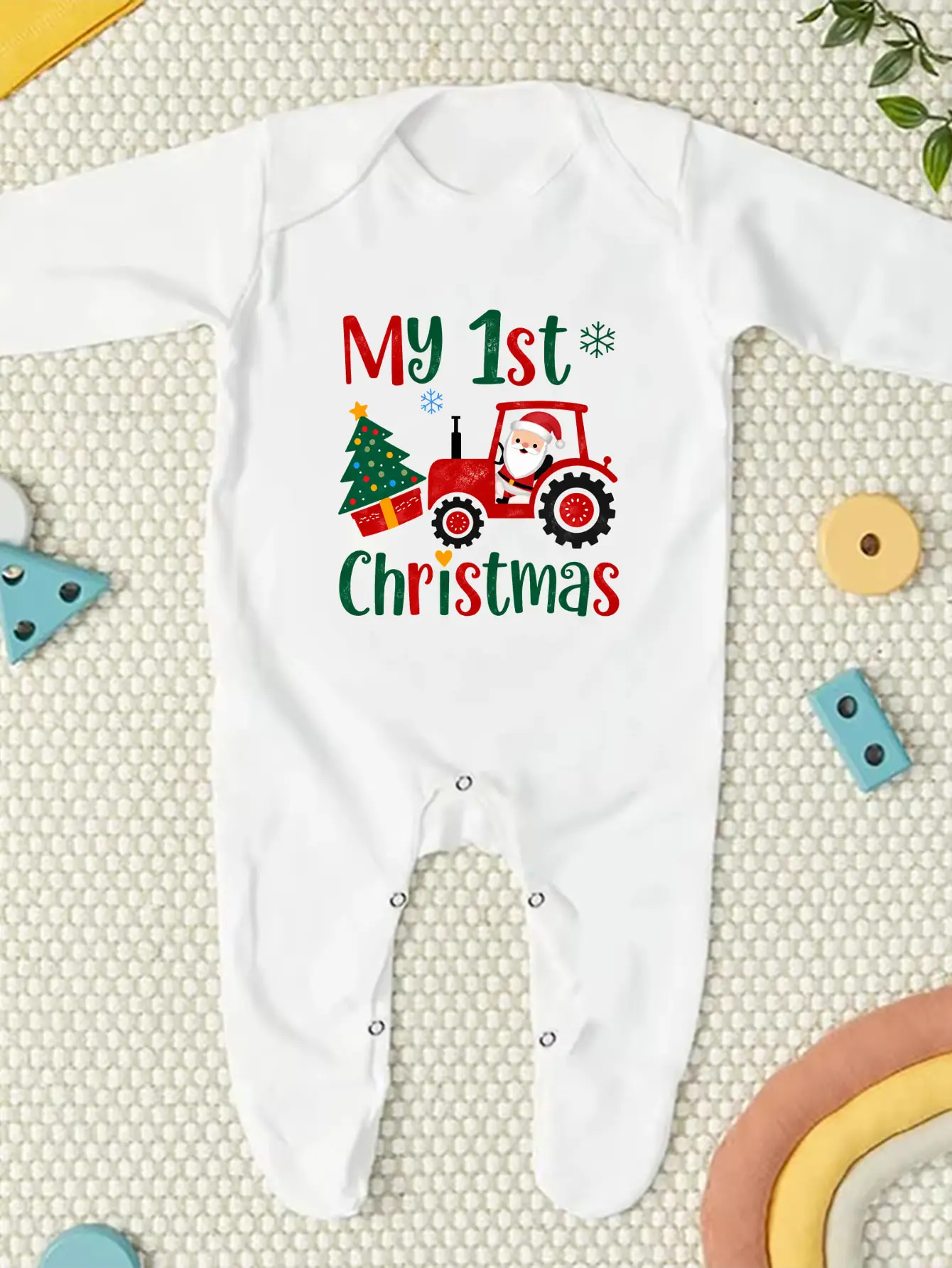 My First Christmas Baby Footed Romper Cute Santa Tractor Print Long Sleeve Newborn Jumpsuit Infant Christmas Outfit Clothes Gift