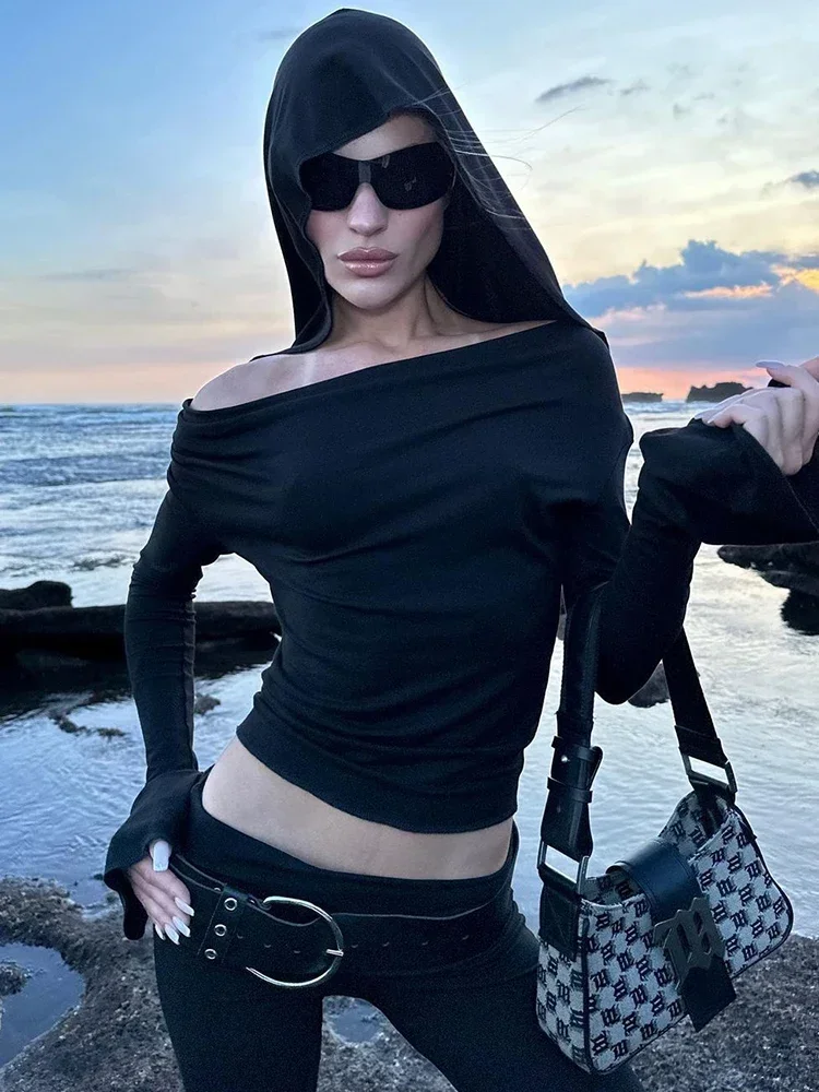 Y2k Fashion Dark Slim Hooded Cropped Alt T Shirt Women Gothic Elegant Solid Slash Neck Long Sleeve Tees Emo 2024 New Streetwear