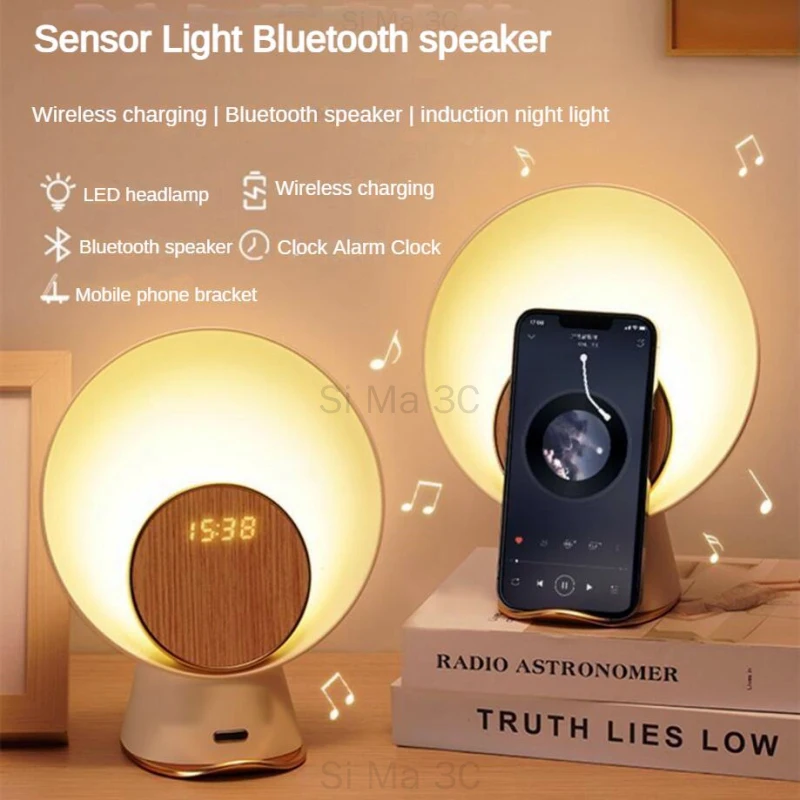 KAWOO Multifunction Wireless Charger Bluetooth Speaker For IPhone 13 14 Smart Alarm Clock Time Display with Sensor Control Light
