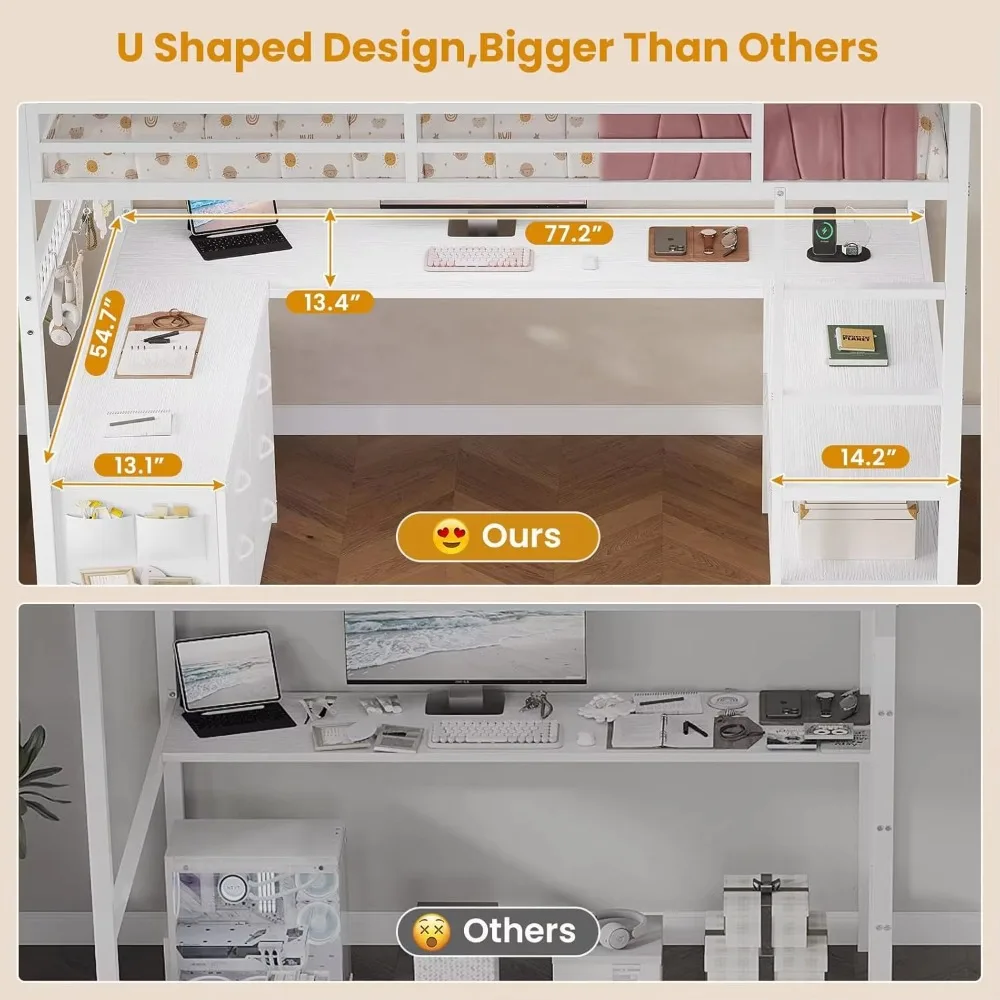 Factory Direct 2026 Space Saving Metal Loft Bed with Staircase L-Shaped Desk High Sleeper Sturdy Iron Frame Bunk Bed for Kids view 4