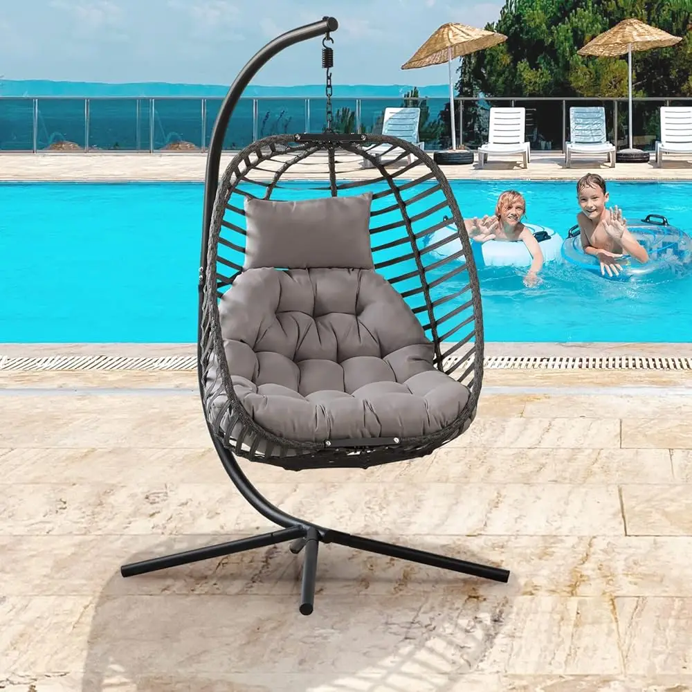 Hanging Hammo Egg Chair With Stand, Rattan Weather Resistant Vertical Fold Design Patio Hanging Basket Swing Chair 350Lbs Aticy