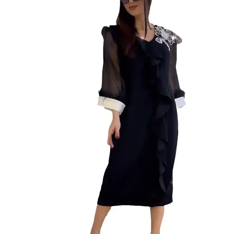 Abito da donna a maniche lunghe con giunture trasparenti Abiti midi con scollo a V Fiore solido Una linea ampia Abiti da donna eleganti leggermente elasticizzati