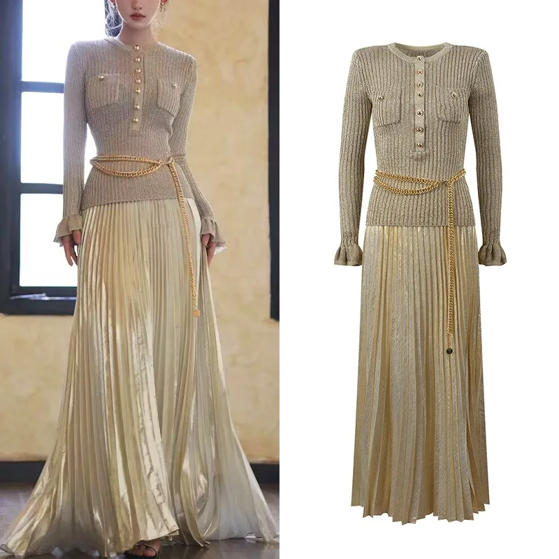 

2026 Autumn and Winter New Temperament Fashionable and Elegant Slim Slim Crew Neck Fake Two Knitted Dresses with Waist Chains
