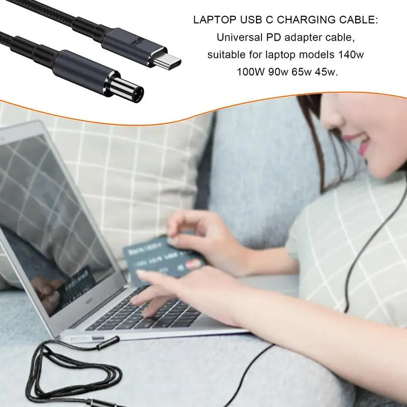 Cable convertidor tipo C a CC, Cable convertidor trenzado de carga rápida de nailon PD de 140W, Cable adaptador tipo C macho a CC de 180cm para