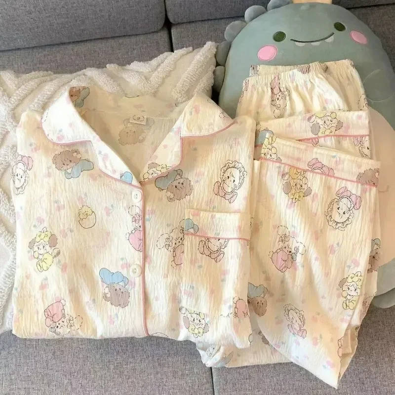 Calças de manga comprida pijamas para mulheres outono doce menina dos desenhos animados bonito pijamas confortáveis respiráveis conjuntos roupas para casa