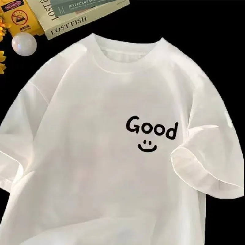 Japanese Minimalist Style Smile Letter Print M-8XL Large Size T-shirt For Teenagers Short Sleeved Versatile Top