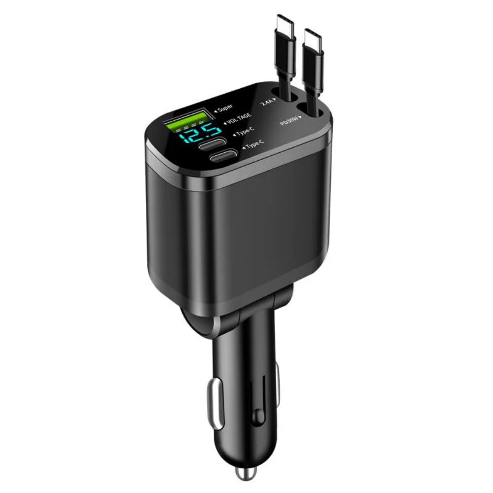 PD شحن سريع 5 في 1 شاحن سيارة USB قابل للسحب C مع شاحن USB للهاتف المحمول وكابل