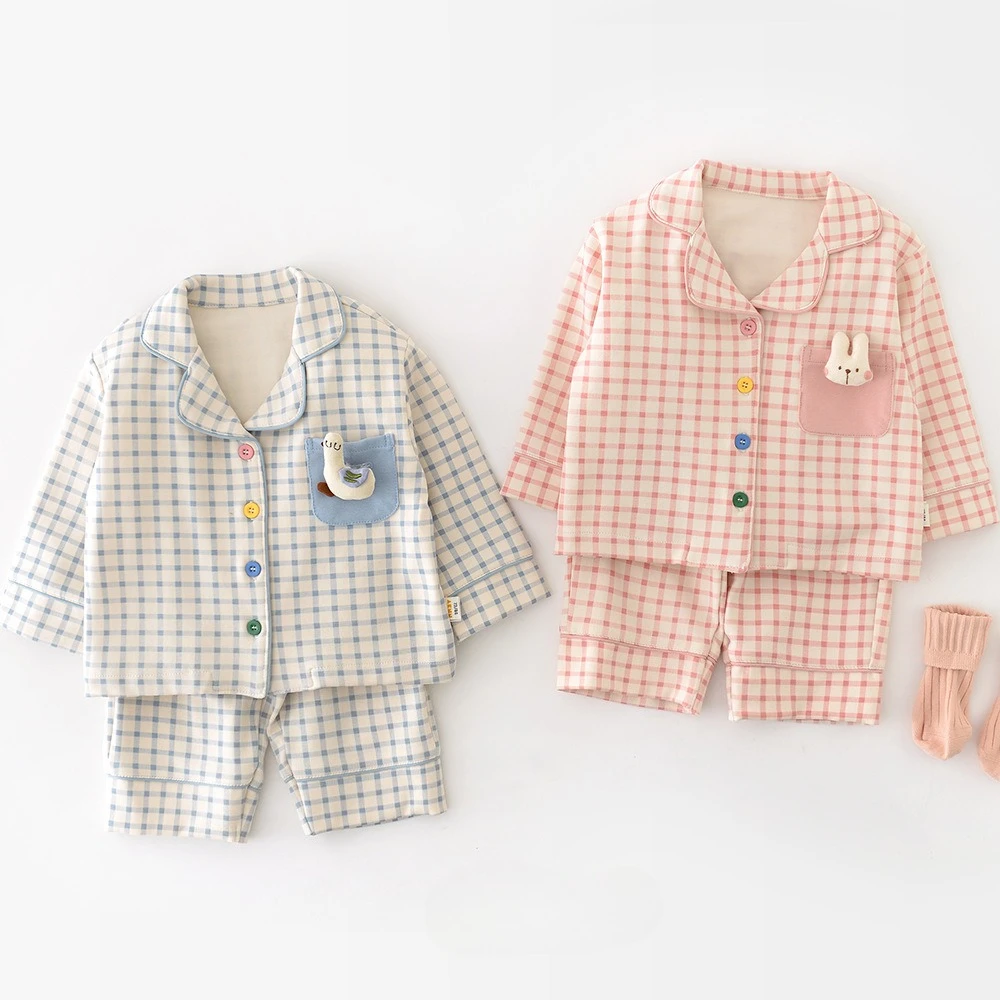 2025 Autumn Baby Sleepwear Set 0-3T Cute Plaid Lapel Doll Cardigan and Pants 2Pcs Baby Boys Girls Pajamas Sets Kids Home Wear