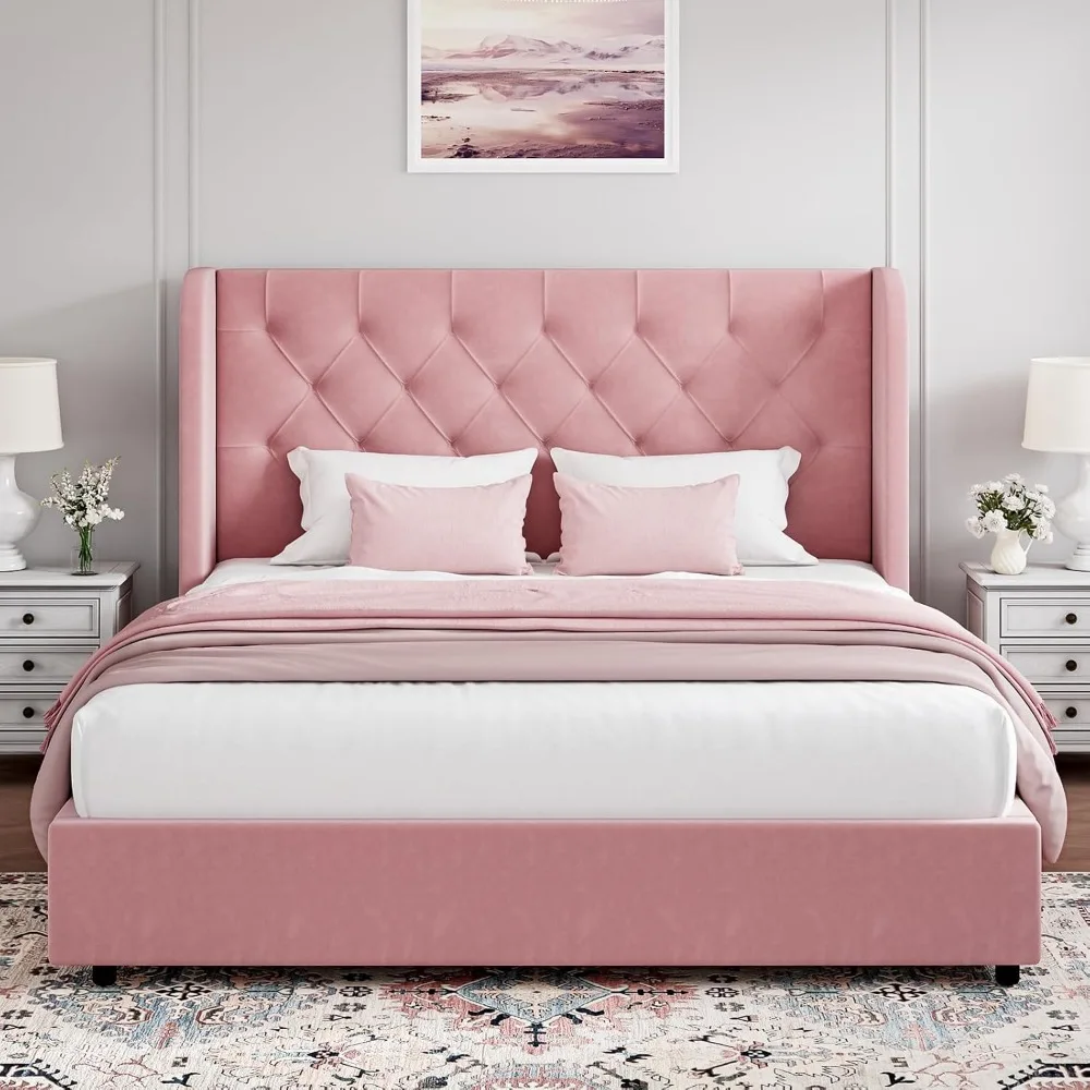 

Full Bed Frame, Pink Velvet Upholstered Bed Frame Full with Headboard and Wide Wingback, Sturdy Wooden Slats Support, No Box Spr