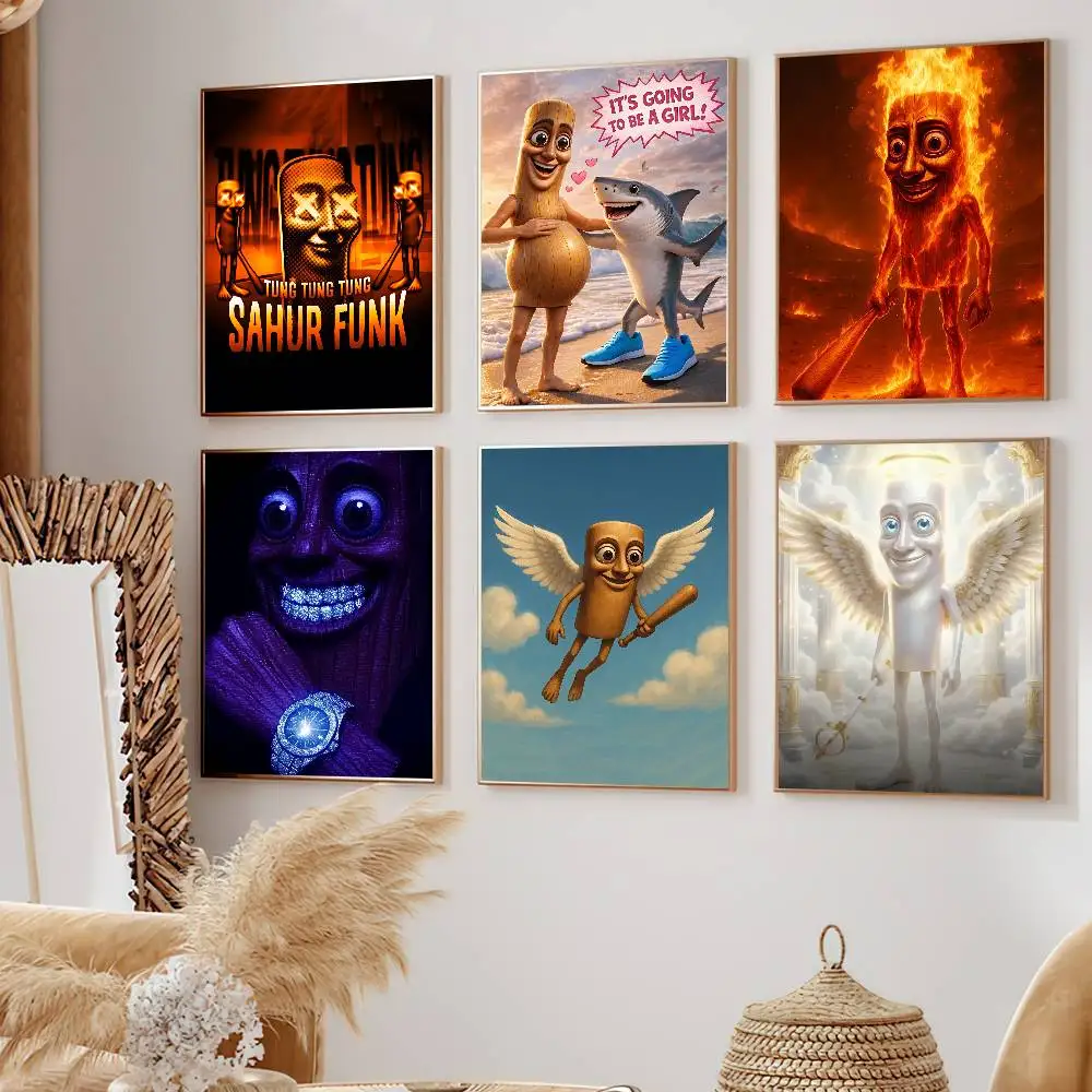 T-Triple T Meme Tung Tung Sahur Poster Decoration Bedroom Home Wall Sticker Prints Painting Living Room Office Best Seller