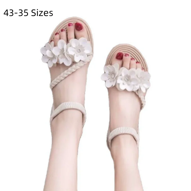 Ladies Sweet Flowers Sandals Elastic Band Weaving Shoes In Flats Summer School Girls Dress Footwear Black White 35 42 40 43 26cm