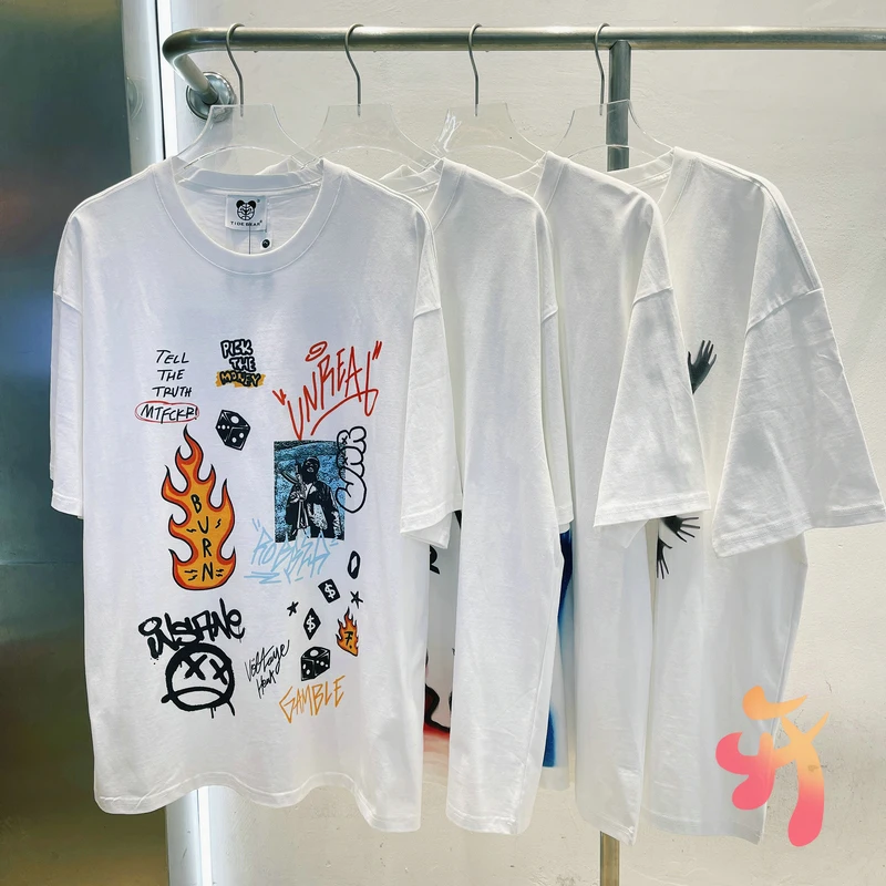 Flame Green Earth Graffiti Print Summer White Short Sleeve Kanye T-shirts Hiphop Casual Loose Cotton Tshirt Men Women